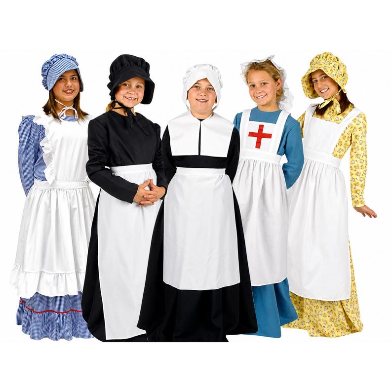 May include: Five historical-style costumes featuring various dresses and bonnets. One blue gingham dress, one black dress with a bonnet, one black and white pilgrim-style outfit, one blue dress with a red cross, and one yellow floral dress with a bonnet.