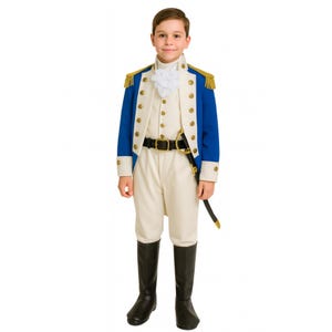 May include: A historical military-style costume featuring a blue jacket with gold epaulets and brass buttons, a cream-colored vest and trousers, a white ruffled cravat, a black belt with a gold buckle, and a black sword accessory with a gold hilt.