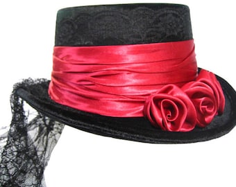 Black and Red Victorian Ladies Short Top Riding Hat with Tail