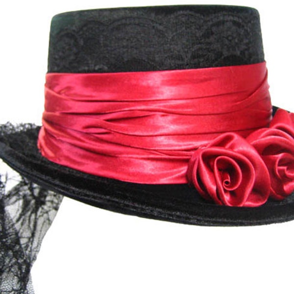 Black and Red Victorian Ladies Short Top Riding Hat with Tail