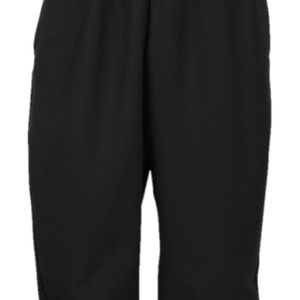 May include: Black, knee-length pants with an elastic waistband. The pants have a loose fit and are made of a solid, opaque fabric. The design is simple and classic, suitable for various activities.