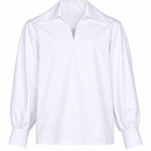 May include: A solid white long-sleeve shirt featuring a wide pointed collar, a deep V-neck opening, and full sleeves that gather into structured cuffs at the wrists. The garment is constructed with a smooth, opaque fabric and a straight hemline.