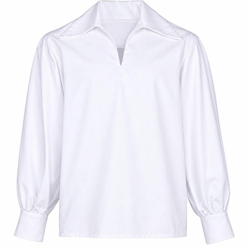 May include: A solid white long-sleeve shirt featuring a wide pointed collar, a deep V-neck opening, and full sleeves that gather into structured cuffs at the wrists. The garment is constructed with a smooth, opaque fabric and a straight hemline.