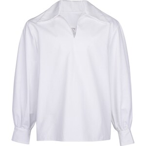 May include: A white long-sleeved shirt with a wide collar and a V-neck opening. The sleeves are gathered at the cuffs. The shirt is made of a smooth, opaque fabric.