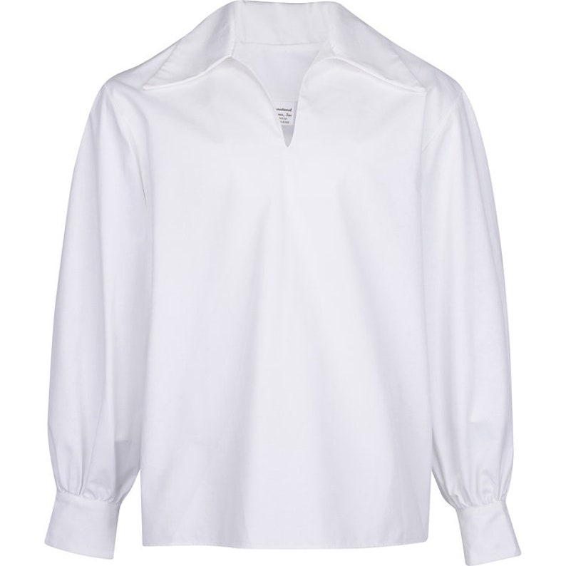 May include: A white long-sleeved shirt with a wide collar and a V-neck opening. The sleeves are gathered at the cuffs. The shirt is made of a smooth, opaque fabric.