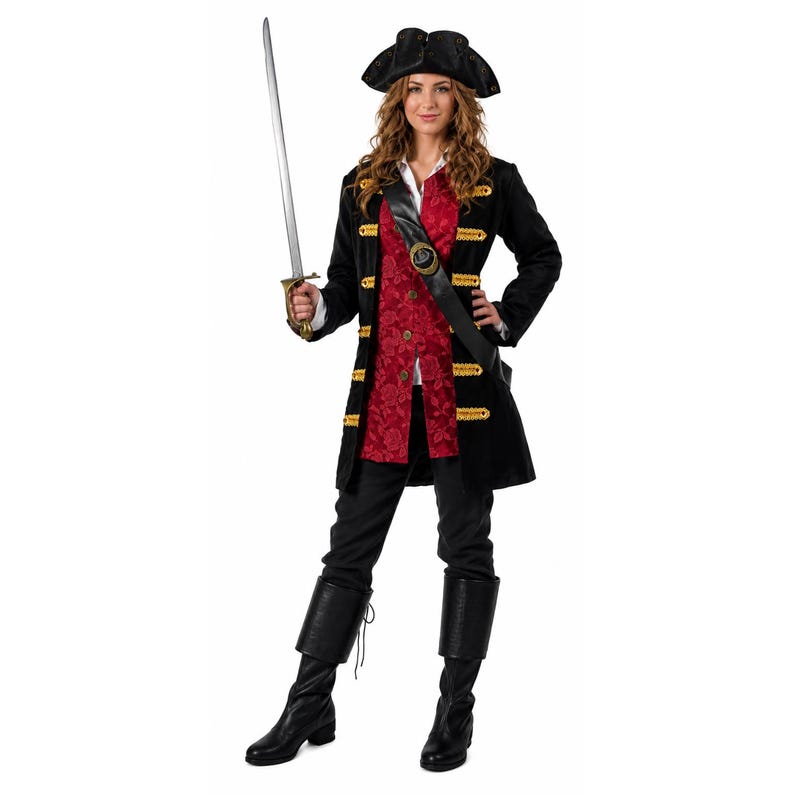 May include: A pirate costume featuring a black tricorn hat, a long black coat with gold trim, a red vest with a floral pattern, a white shirt, black trousers, and black boots. A black shoulder belt with a buckle and a silver-colored toy sword are included.