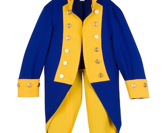 May include: A royal blue long-coat featuring bright yellow lapels, cuffs, and inner panels. The garment includes a high collar and two vertical rows of metallic gold-toned buttons running down the front, with three matching buttons on each sleeve cuff.