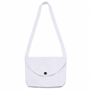 May include: A solid white crossbody bag featuring a long shoulder strap and a curved front flap closure. The flap is secured with a single, small, dark brown circular button centered at the bottom edge of the flap, providing a simple contrast.