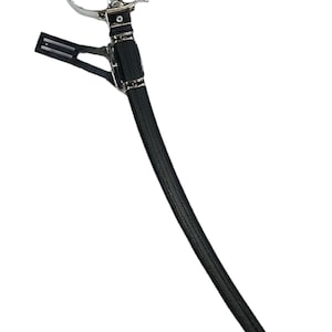 May include: A ceremonial sword with a curved blade housed in a black scabbard. The hilt features a polished silver-tone metal guard and a ribbed grip. A black attachment piece is fixed to the upper section of the scabbard, which also includes silver-tone metal accents at the throat and the chape at the bottom tip.
