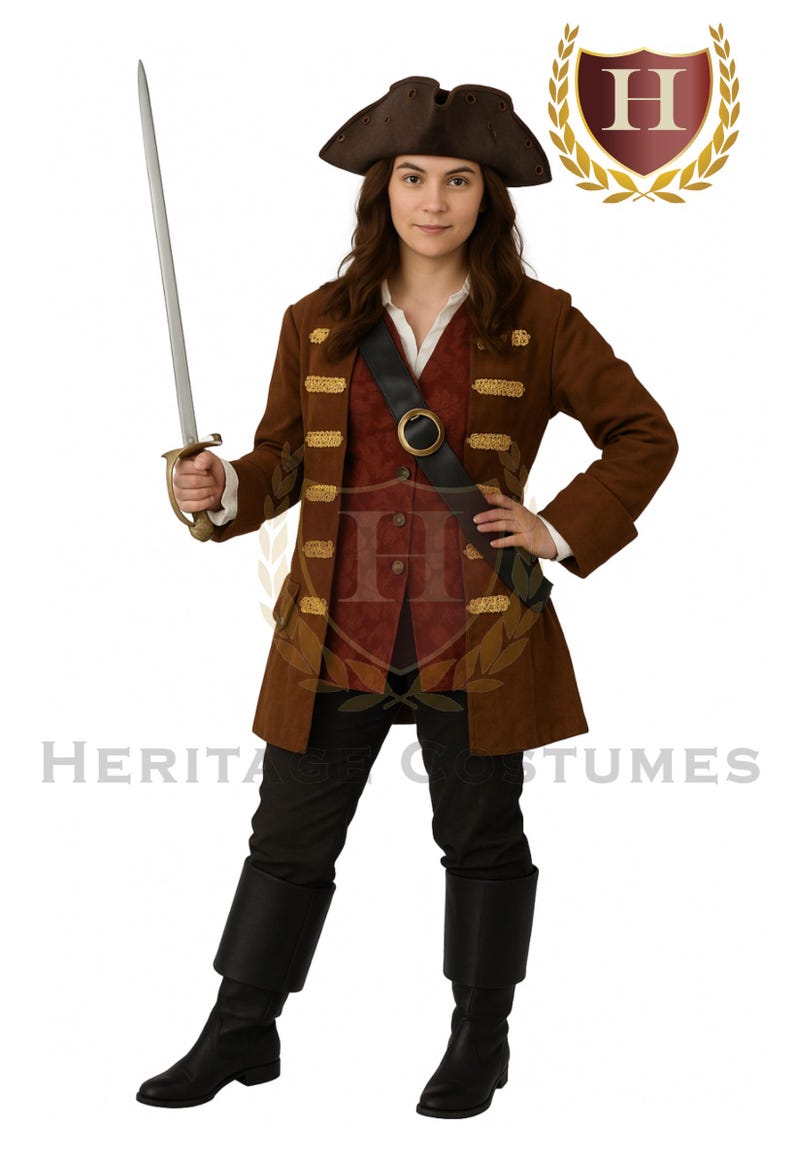 May include: A brown pirate costume featuring a brown coat with gold trim, a red vest, black pants, and black boots. The costume includes a brown tricorn hat and a sword. The words "HERITAGE COSTUMES" are visible.