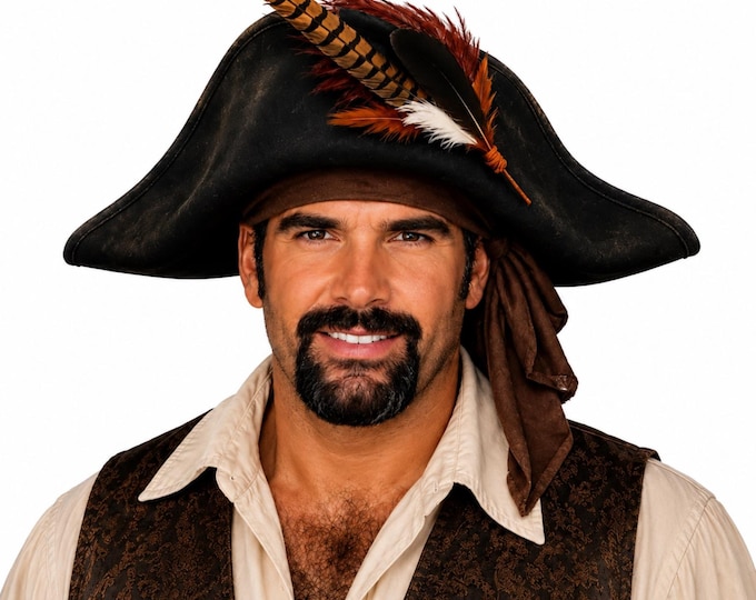Blackbeard Pirate Hat – Weathered Faux Leather Hat with Feather Accent