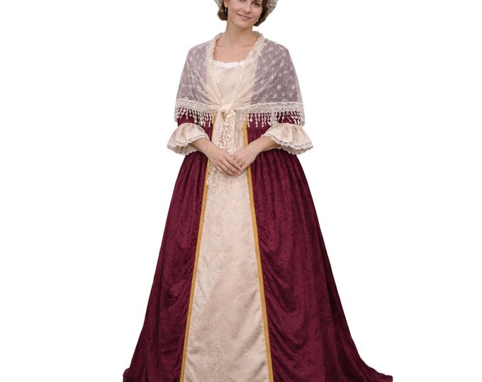 Women's Burgundy Velvet and Sand Satin Jacquard Colonial Dress