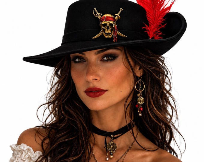 Women’s Flat Crown Pirate Hat with Feather