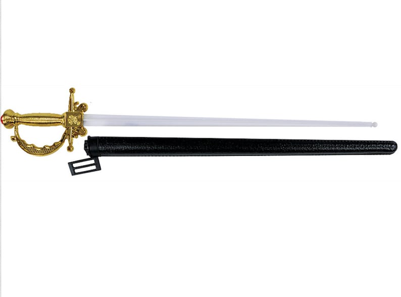 May include: A toy sword with a metallic gold-colored hilt and guard, featuring a long, straight, translucent white blade with a rounded tip. The sword is accompanied by a black, textured scabbard that includes a small black plastic belt loop.
