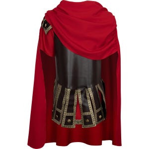 Peut inclure: Un ensemble de costume comprenant un plastron marron foncé avec une série de panneaux rectangulaires suspendus à la taille, ornés d'un motif grec doré et d'un clou circulaire. Une longue cape rouge vif recouvre les épaules.