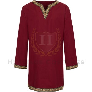 Túnica vikinga celta medieval camisa renacentista de manga completa SCA Larp Rojo