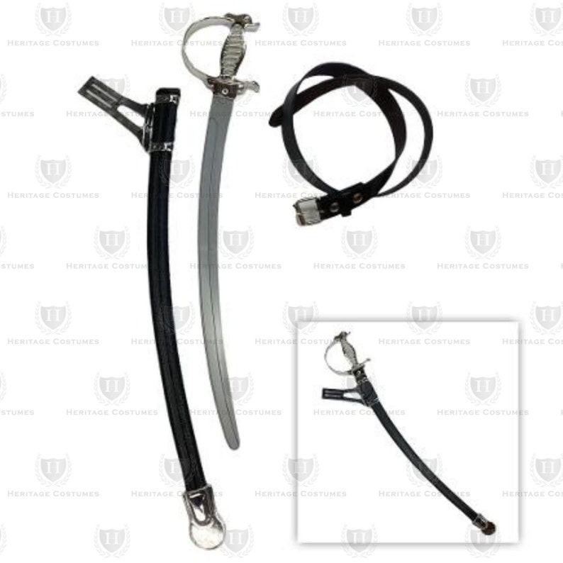 May include: A silver-colored curved sword with a detailed hilt, a black scabbard featuring silver-toned metal accents at the tip and top, and a black leather-like belt with a silver-colored metal buckle, shown both separately and assembled.