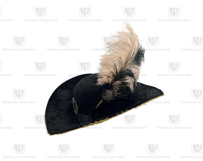 Queen of the Seas Buccaneer Hat – Adjustable Wide-Brim Pirate Hat with Feather & Gold Trim
