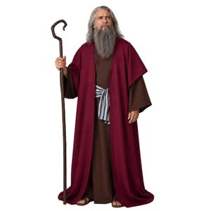May include: A long-sleeved brown robe worn under a deep red open-front cloak, featuring a striped blue and white sash at the waist. The outfit is paired with a tall, textured brown wooden shepherd's staff with a curved top handle.