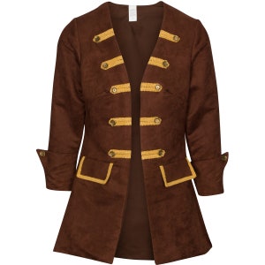 May include: A brown pirate-style jacket with gold trim and buttons. The long-sleeved jacket has a V-neck and decorative pockets. The cuffs are turned up, and the jacket is open in the front. This costume jacket is suitable for cosplay or themed events.