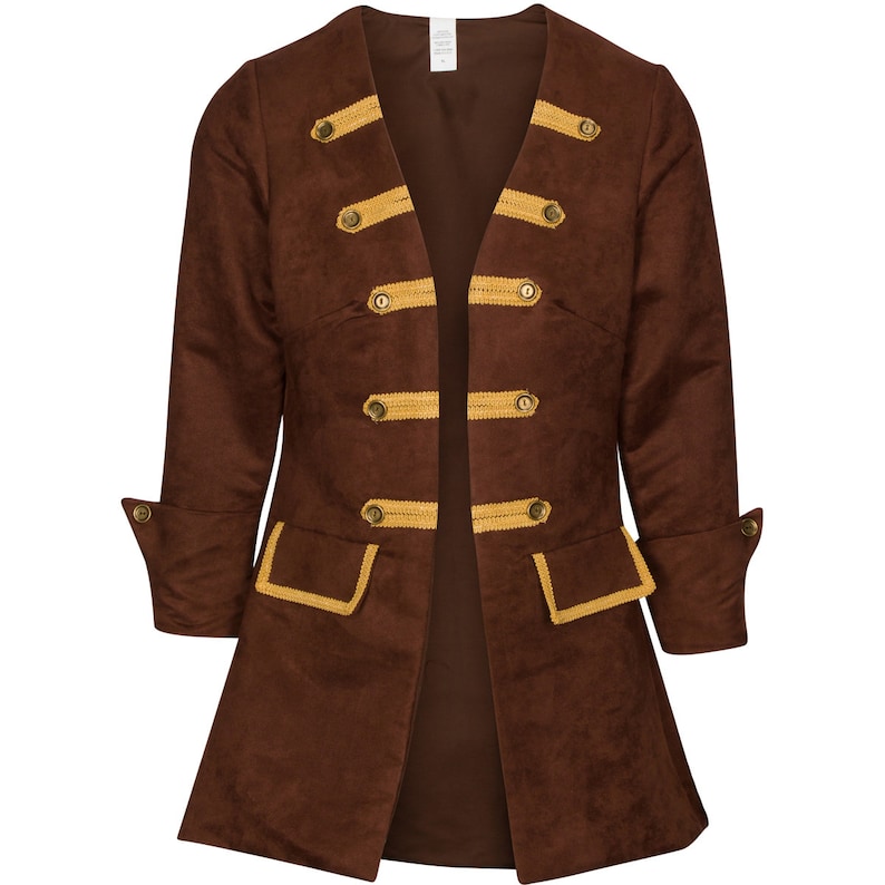 May include: A brown pirate-style jacket with gold trim and buttons. The long-sleeved jacket has a V-neck and decorative pockets. The cuffs are turned up, and the jacket is open in the front. This costume jacket is suitable for cosplay or themed events.