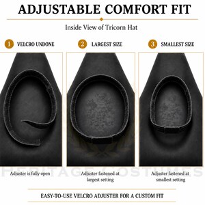 Puede incluir: El interior de un sombrero de tres picos negro con una correa de velcro ajustable. La imagen muestra tres ajustes: velcro suelto, tama&ntilde;o m&aacute;s grande con el ajustador fijado y tama&ntilde;o m&aacute;s peque&ntilde;o con el ajustador fijado. Texto: ADJUSTABLE COMFORT FIT.