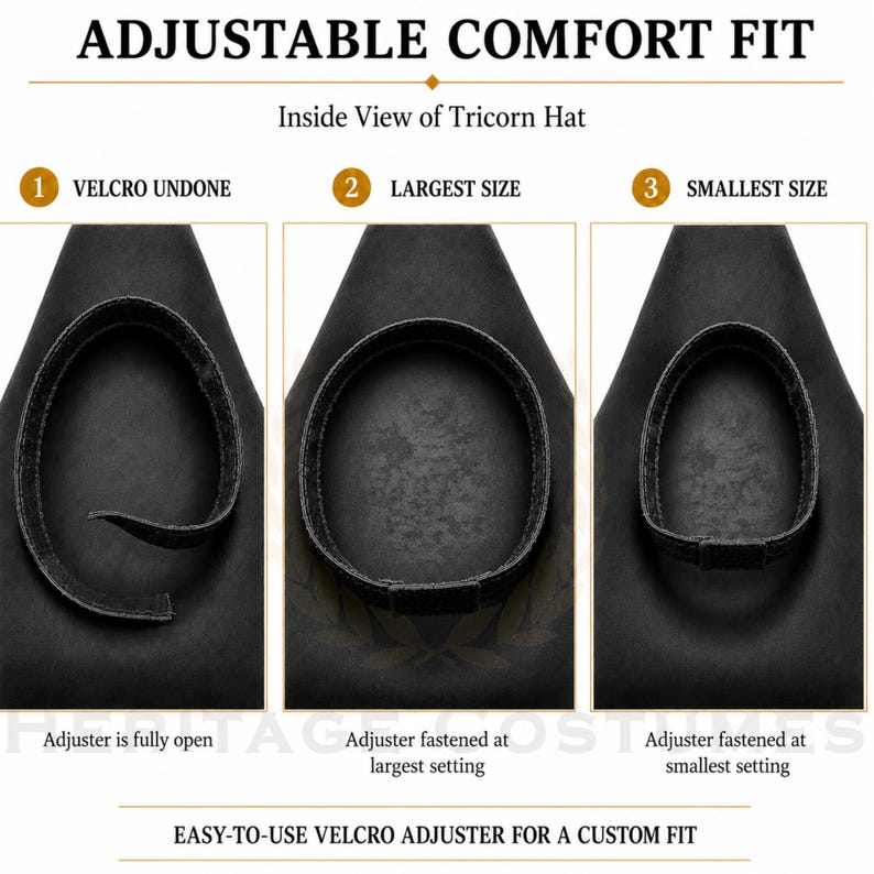 Puede incluir: El interior de un sombrero de tres picos negro con una correa de velcro ajustable. La imagen muestra tres ajustes: velcro suelto, tama&ntilde;o m&aacute;s grande con el ajustador fijado y tama&ntilde;o m&aacute;s peque&ntilde;o con el ajustador fijado. Texto: ADJUSTABLE COMFORT FIT.