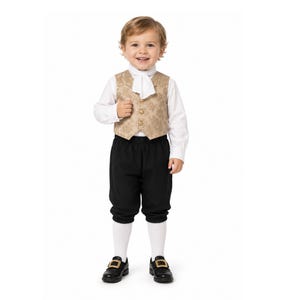 May include: A long-sleeved white shirt with a white cravat, a tan vest featuring a subtle floral pattern and three gold buttons, black knee-length breeches with elasticized cuffs, white tights, and black shoes with gold buckles.