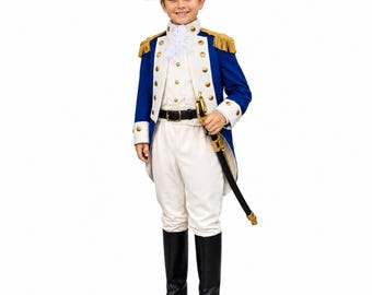 May include: A colonial-style costume featuring a blue coat with gold fringe epaulets, white lapels, and gold buttons. It includes a white vest with a ruffled jabot, white breeches, a black belt, a black tricorn hat, and black knee-high boots.
