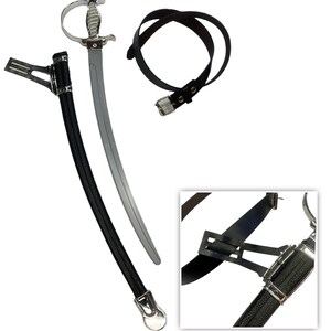 May include: A silver-colored curved sword with a detailed hilt, a black scabbard with silver metal accents, and a black leather belt with a silver buckle. A close-up inset shows the black belt attachment connected to the scabbard hardware.