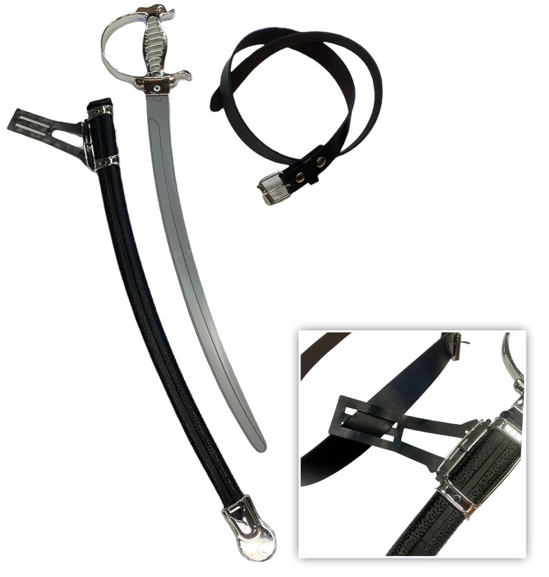May include: A silver-colored curved sword with a detailed hilt, a black scabbard with silver metal accents, and a black leather belt with a silver buckle. A close-up inset shows the black belt attachment connected to the scabbard hardware.