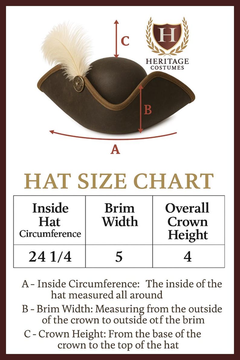 Puede incluir: Un sombrero de tres picos marr&oacute;n con una pluma blanca y un emblema circular de tono dorado. La imagen incluye una tabla de tallas con medidas: una circunferencia interior de 24 1/4 pulgadas, un ala de 5 pulgadas y una altura de copa de 4 pulgadas.