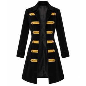 May include: A black velvet long-sleeve coat featuring a structured collar and five rows of horizontal gold braided trim. Each row of trim is accented with a round gold-toned button on both sides of the front opening, creating a military-inspired look.