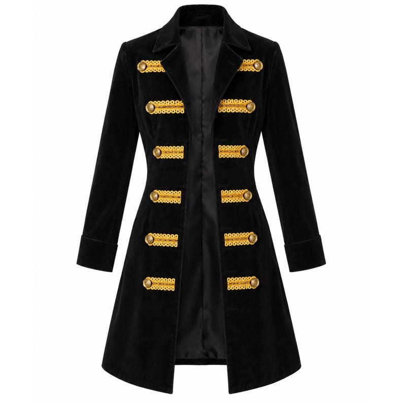 May include: A black velvet long-sleeve coat featuring a structured collar and five rows of horizontal gold braided trim. Each row of trim is accented with a round gold-toned button on both sides of the front opening, creating a military-inspired look.