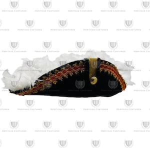 Colonial Inspired Commander Tricorne, Officer&#39;s Tricorn, or Pirate Hat with Gold and Red Colored Trim and Feathers