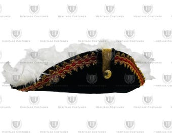 Colonial Inspired Commander Tricorne, Officer's Tricorn, or Pirate Hat with Gold and Red Colored Trim and Feathers