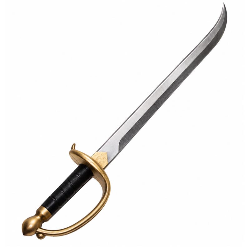 May include: A curved sword featuring a silver-colored metal blade with a sharp point. The handle is wrapped in black material and includes a gold-colored metal hand guard and pommel, providing a secure grip and protection for the hand.