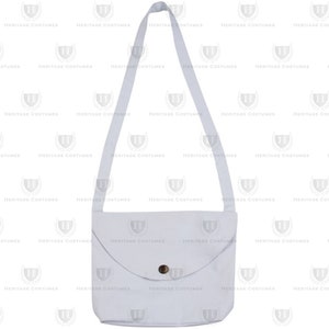 May include: A white canvas bag with a flap closure and a single button. The bag has a long strap for carrying over the shoulder.