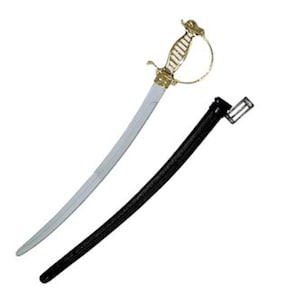 May include: A curved sword with a metallic silver blade and a gold-colored hilt featuring a protective hand guard. Beside the sword is a long, black scabbard with a rectangular attachment at the top, designed to hold the blade securely when not in use.