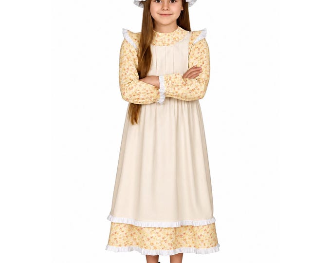 American Frontier Pioneer Girl Dress with Matching Bonnet and Apron