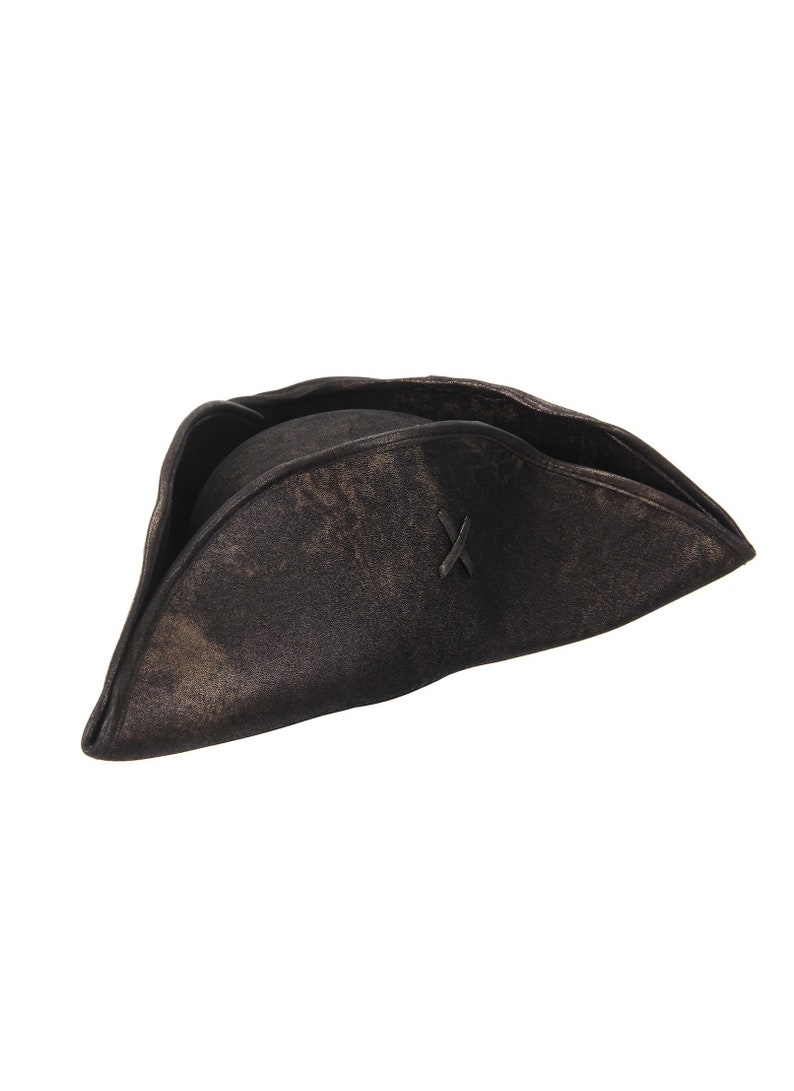 May include: A dark brown, weathered tricorn hat with a distressed finish and a visible X-shaped stitch detail on the side. The hat features a wide, upturned brim that forms a triangular shape, constructed from a textured material with dark shading.