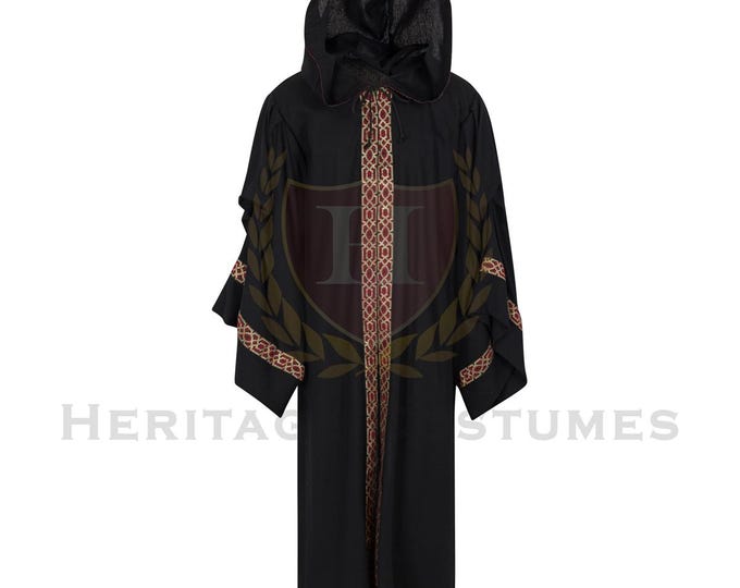 Adult Hooded Celtic Robe with Jacquard Trim – Medieval, Viking, Wizard, Sorcerer, Renaissance Cloak for LARP & Cosplay