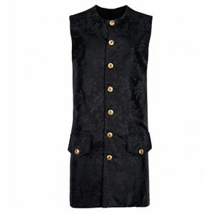 May include: A sleeveless black vest featuring a tonal floral jacquard pattern throughout. The garment has a round neckline, a front button closure with seven gold-toned buttons, and two front pockets with flaps, each secured by a gold-toned button.