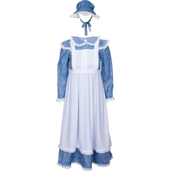 American Frontier Pioneer Girl Dress with Matching Bonnet and Apron