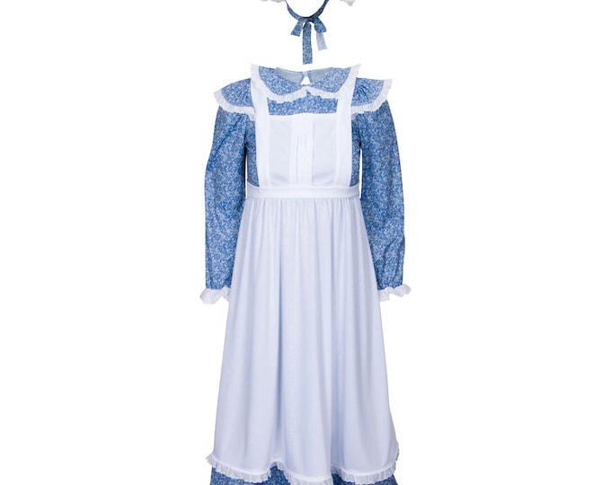 American Frontier Pioneer Girl Dress with Matching Bonnet and Apron