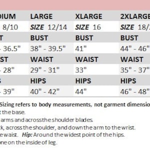May include: A white chart displays women's clothing sizes, including bust, waist, and hip measurements in inches. Sizes range from XS to 4XL, with corresponding numerical sizes. Instructions on how to measure are also included.