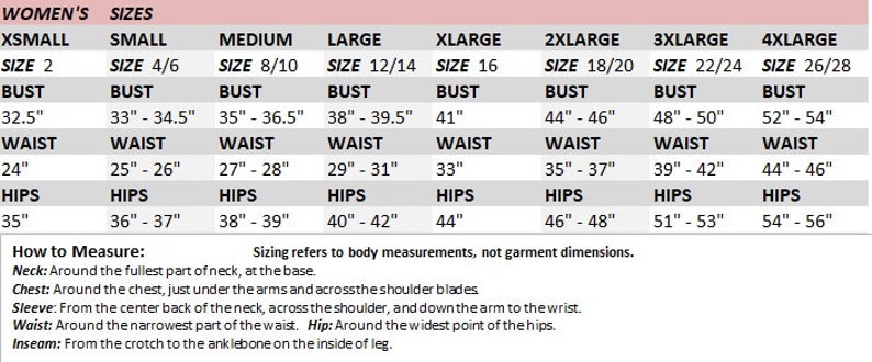 May include: A white chart displays women's clothing sizes, including bust, waist, and hip measurements in inches. Sizes range from XS to 4XL, with corresponding numerical sizes. Instructions on how to measure are also included.
