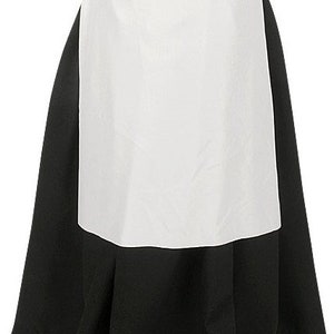 May include: A long black skirt featuring a solid white rectangular apron panel attached at the waist. The skirt has a full, flowing silhouette with subtle pleats at the hemline, while the white apron provides a stark contrast against the black fabric.