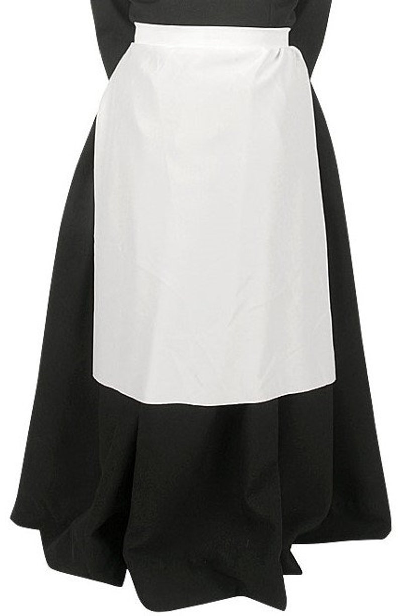 May include: A long black skirt featuring a solid white rectangular apron panel attached at the waist. The skirt has a full, flowing silhouette with subtle pleats at the hemline, while the white apron provides a stark contrast against the black fabric.