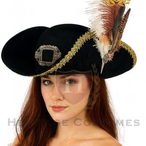 Queen of the Seas Buccaneer Hat – Adjustable Wide-Brim Pirate Hat with Feather & Gold Trim